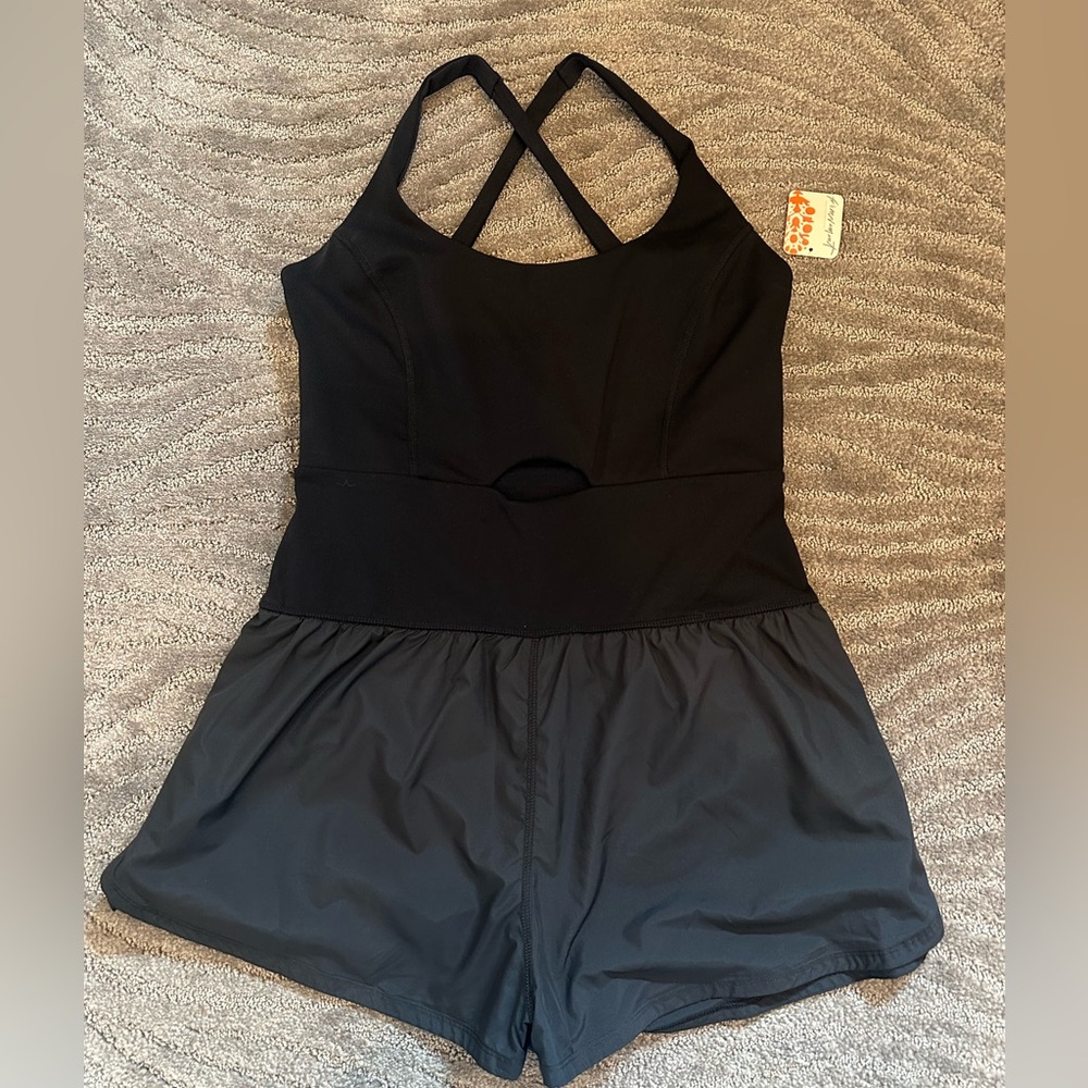 FP Movement by Free People Black Strappy Bodysuit Romper